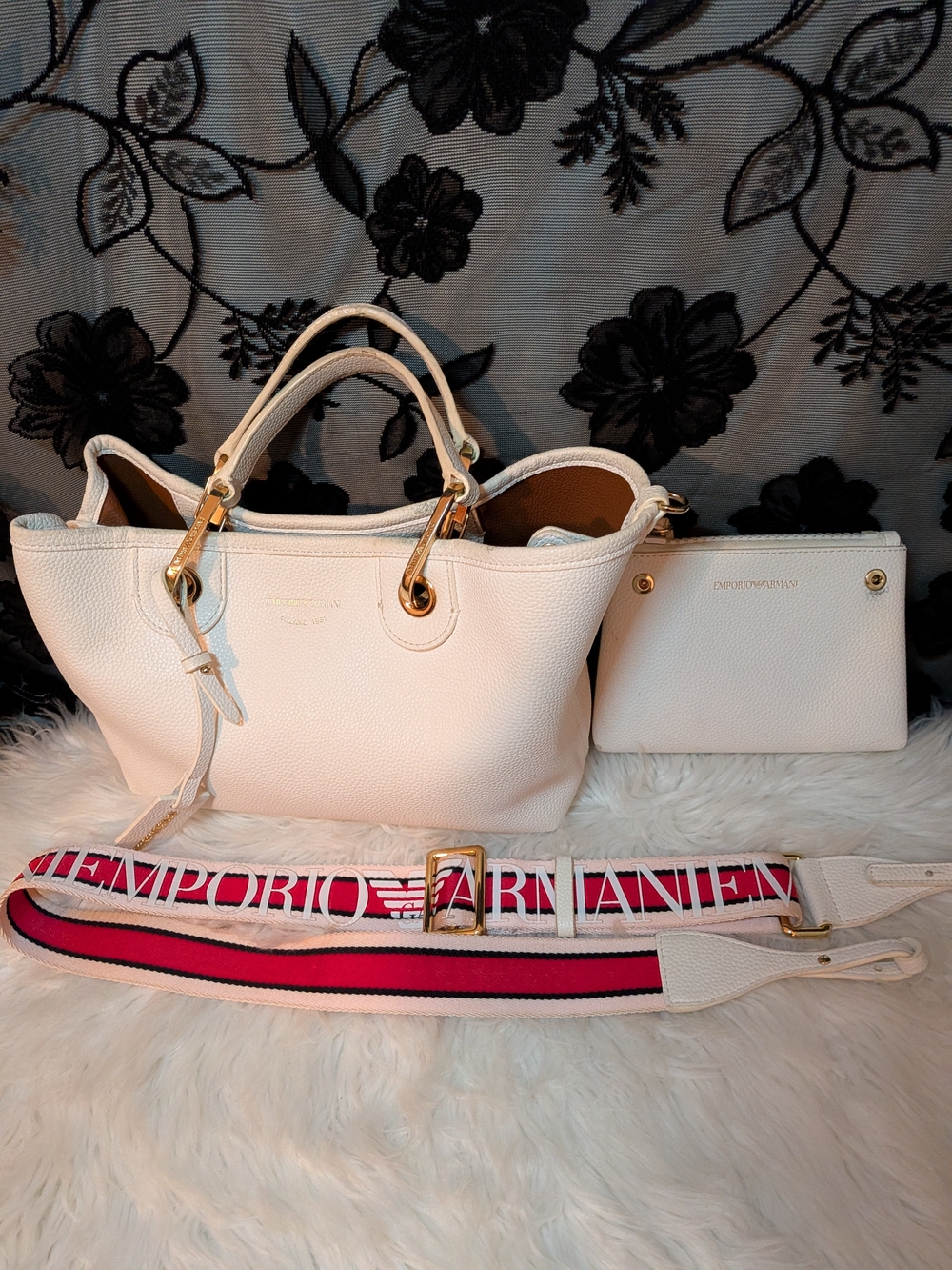 Emporio Armani White Pebbled Leather Satchel with Logo Strap